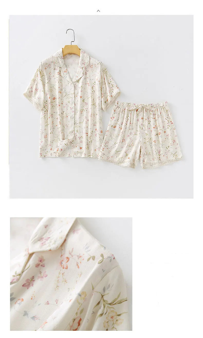 Satin Willow Print Short Sleeve Shirt & Shorts Pajama Set