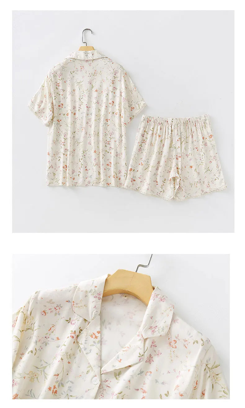 Satin Willow Print Short Sleeve Shirt & Shorts Pajama Set